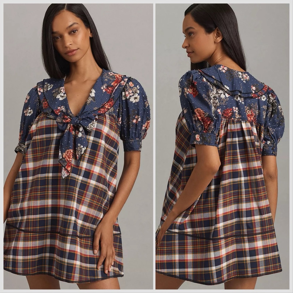 Anthropologie Blue and Brown Floral Plaid Mini Dress